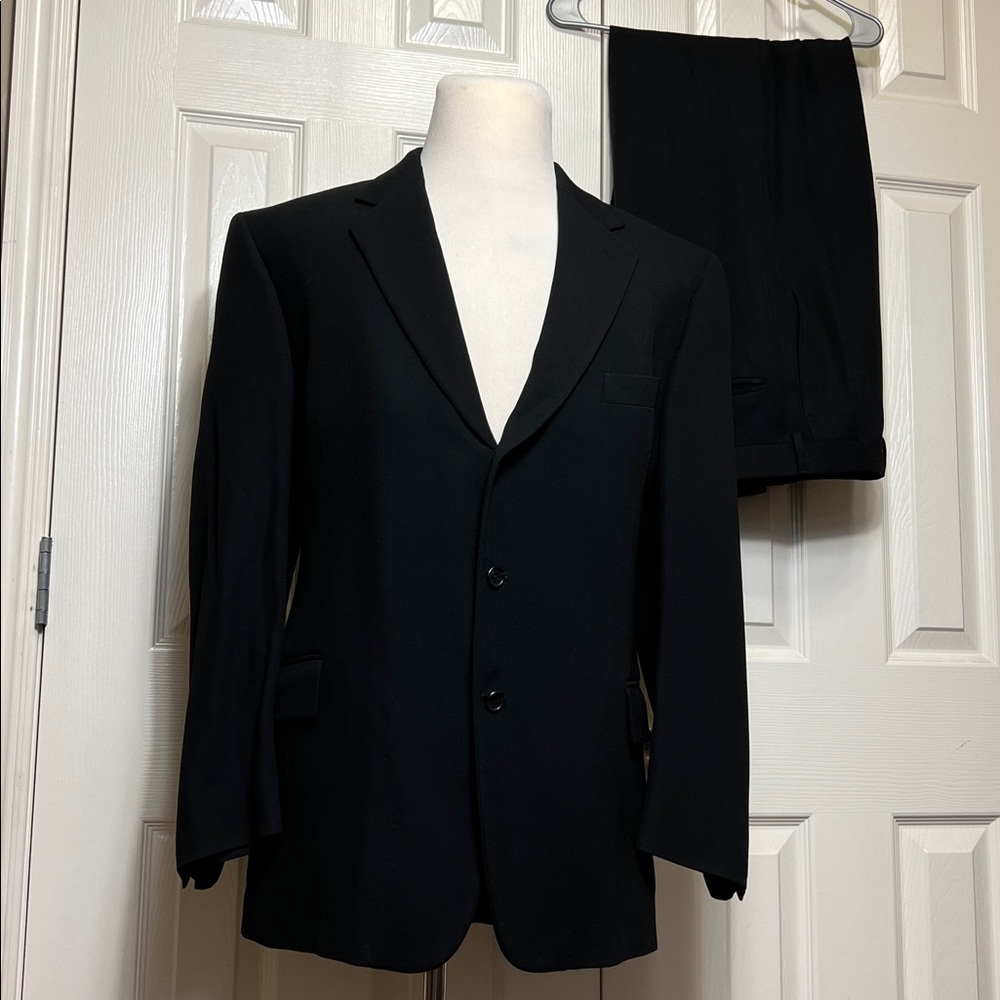 Harold Powell Men Black Wool Suit Long Jacket Sz 46R pants Sz 40 made in Italy